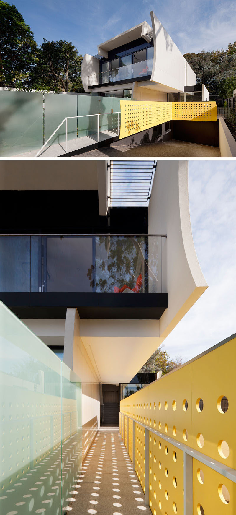 At the front of the low maintenance modern house, there's a ramp that leads down to a sunken garage that opens up to a basement level with a home gym and storage. Beside the ramp, there's a walkway that guides guests to the front door. Alongside one side, there's a frosted panels that hide the pool from view. On the other side, there's a bright yellow perforated screen made from exterior grade MDF.