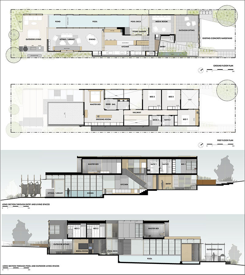 This modern house has an above ground lap pool, outdoor entertaining areas, and an exterior with a grid wall of plants.