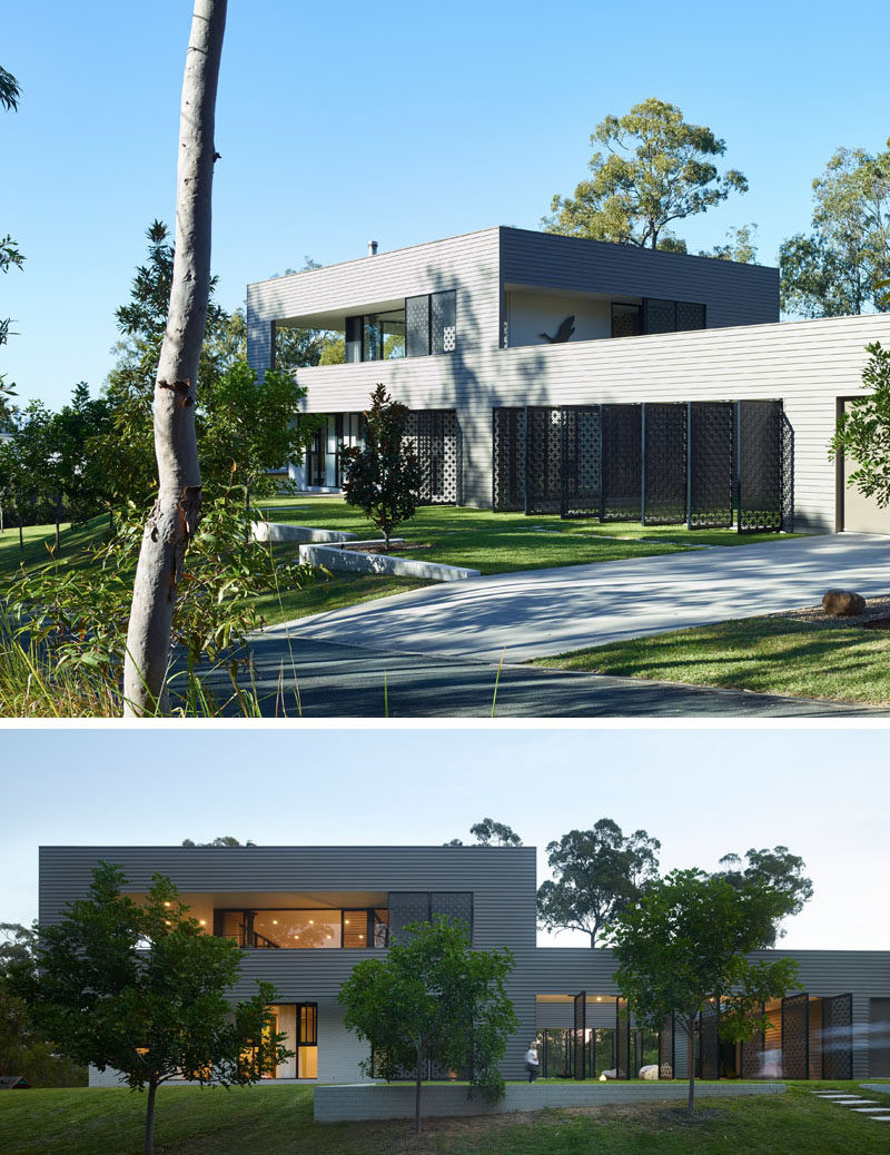 Jamison Architects have designed this Australian house that features two pavilions connected by a grassy courtyard and decorative laser cut screens.