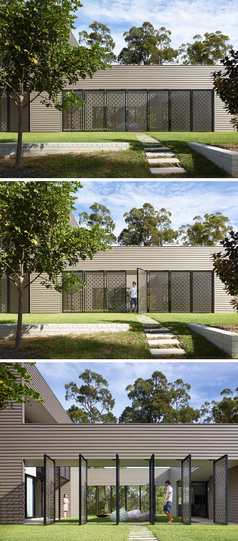 This modern house has a landscaped garden with a small path leads to a courtyard that's enclosed by decorative laser cut screens, that can pivot to enable the courtyard to be hidden when needed.