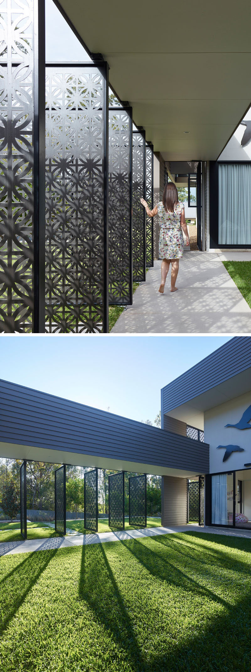 The laser-cut screens featured on this modern house, have a repetitive pattern and provide a unique experience for someone who is entering the courtyard, the heart of the home. 