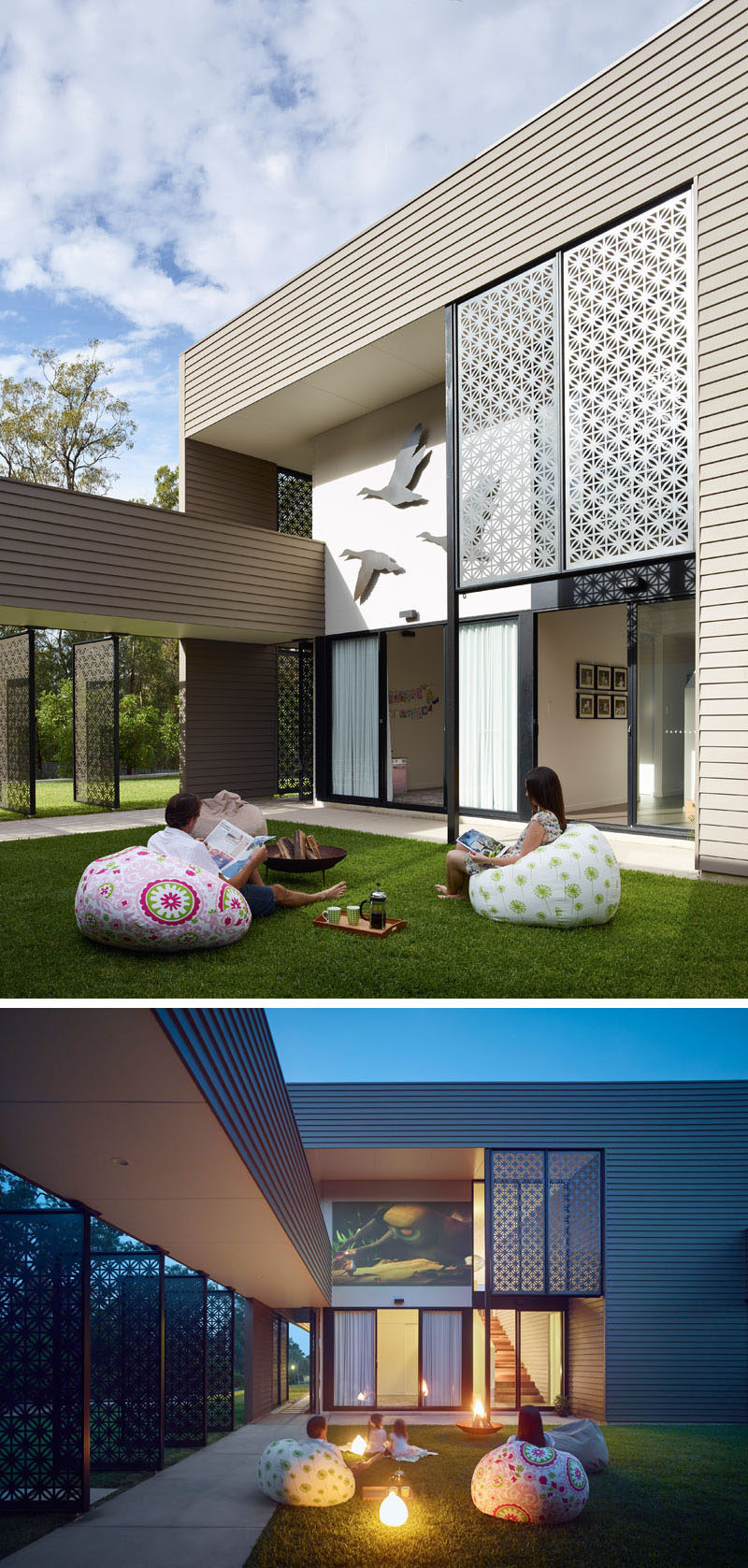 This modern house has a courtyard that offers shade and filtered light, and by night, everyone can gather in the courtyard for bonfires and stargazing. On the wall above, the flying ducks artwork can be removed to allow for a private outdoor movie screening.