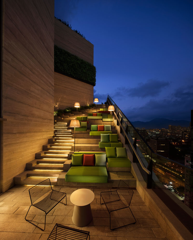 On the roof of this residential tower in Hong Kong, there's the grand staircase that leads to the upper floor of the clubhouse. The stairs, with hidden lighting, also have multiple seating areas available as you climb the stairs.