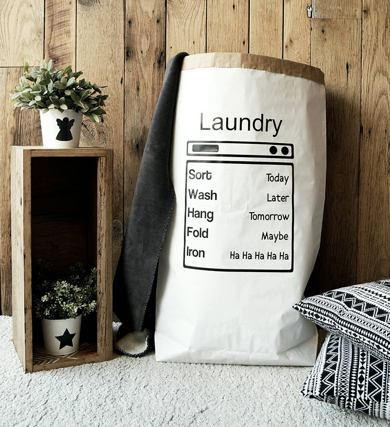 Funny and specialised for laundry, this paper basket is made from 3 ply reinforced kraft paper, with a matte vinyl sticker on the front. Standing at over 33 inches, this paper basket can hold up to 70 pounds.