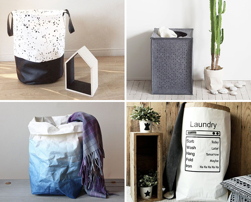 These modern laundry hampers and baskets are made from canvas, cotton, felt, and paper.