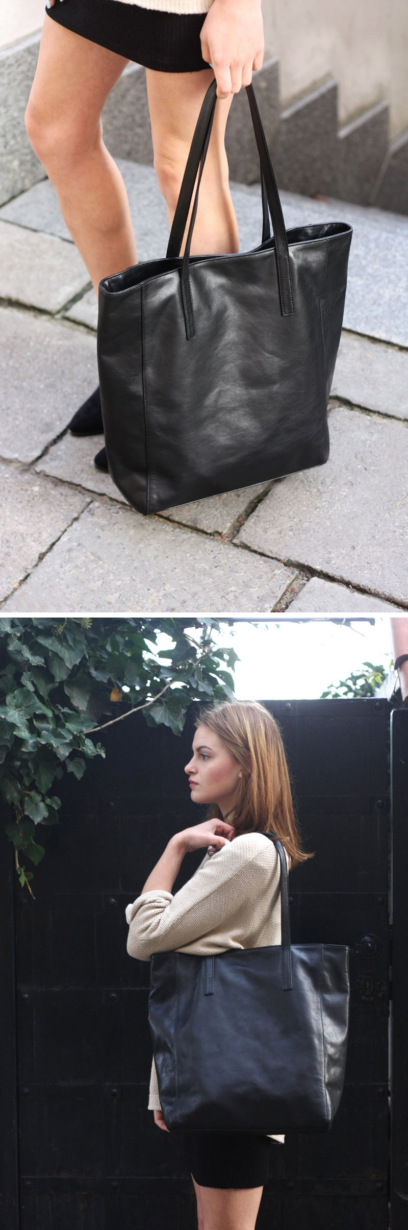 Throw this modern black leather tote over your shoulder and your look is complete.