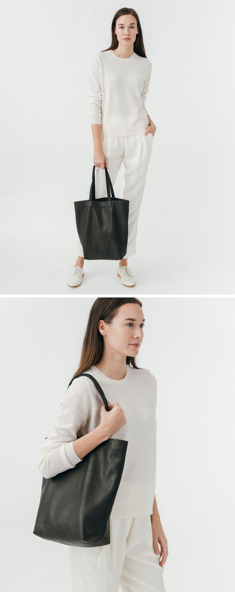 With a deep body and an internal zippered pocket you'll be able to fit all your daily essentials into this modern black leather tote.