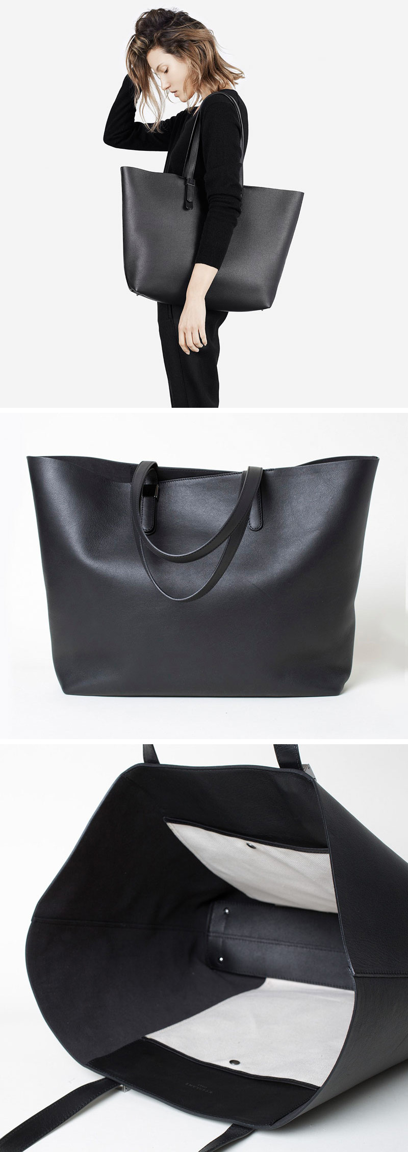  This large modern black leather tote has small feet on the bottom so you don't have to worry about setting it down on the floor.