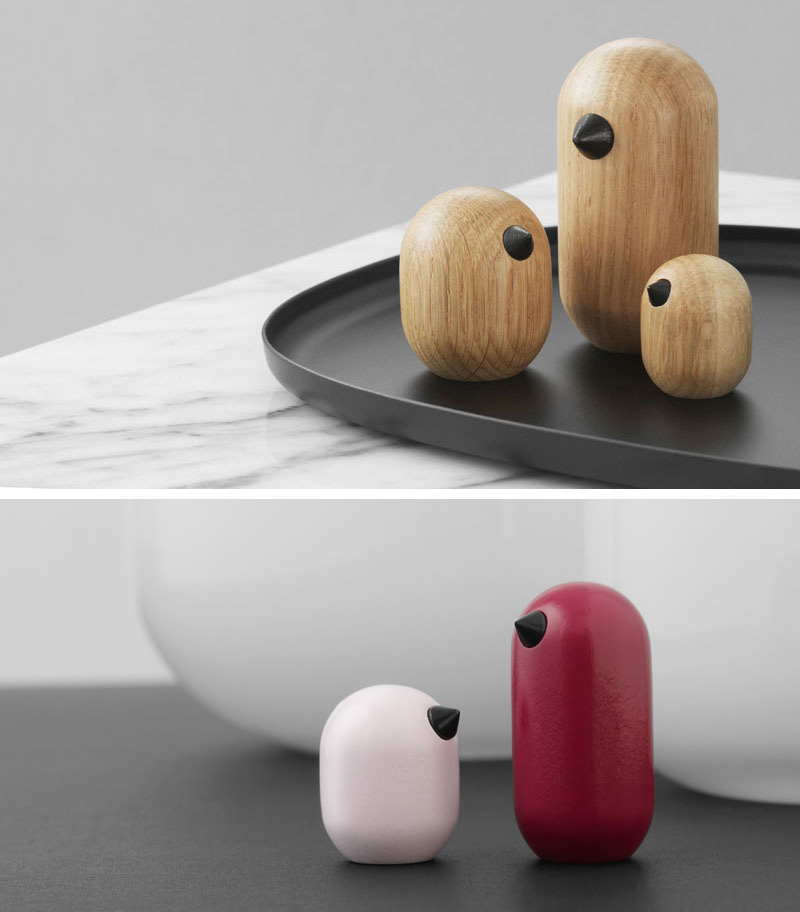 Simple in design with the inclusion of small black beaks, these modern wood bird figures hit wonderfully minimal.