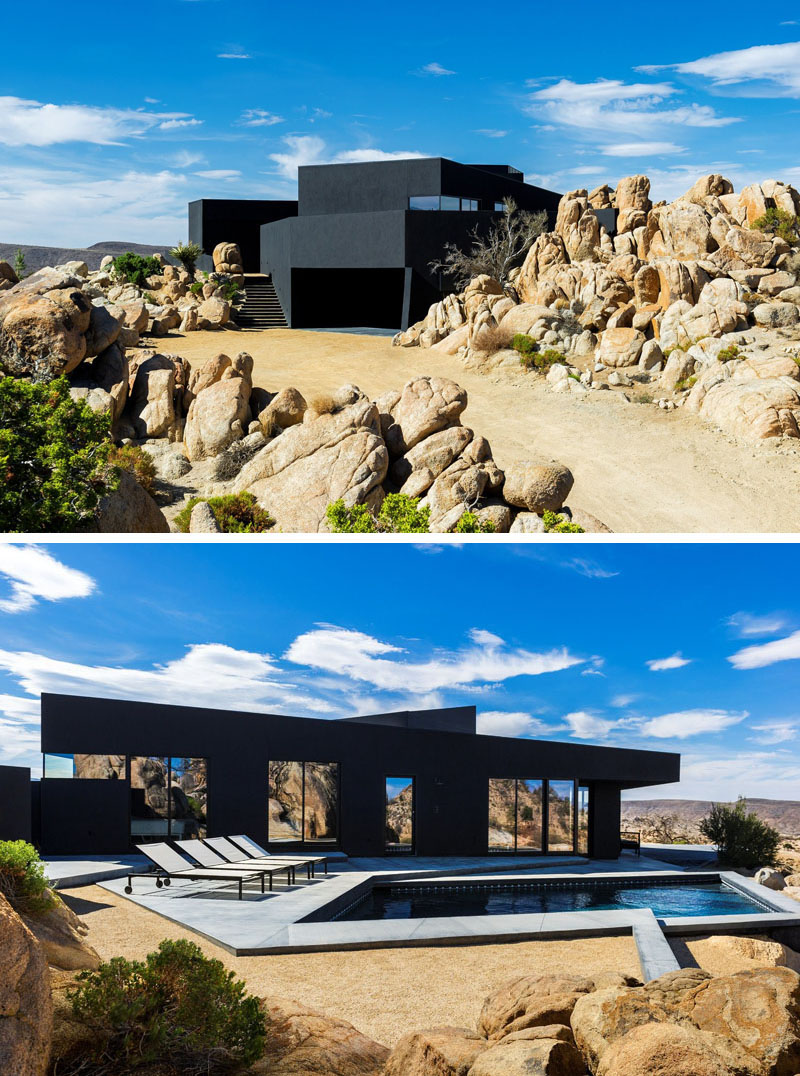 The matte black exterior of this house creates an intriguing modern look that contrasts the rough rugged landscape surrounding it. #ModernBlackHouse #BlackHouse #BlackExterior #BlackArchitecture