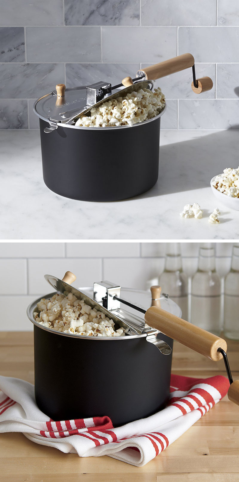 Make perfect popcorn every time with this modern matte black stove-top popper that also adds style to your kitchen.