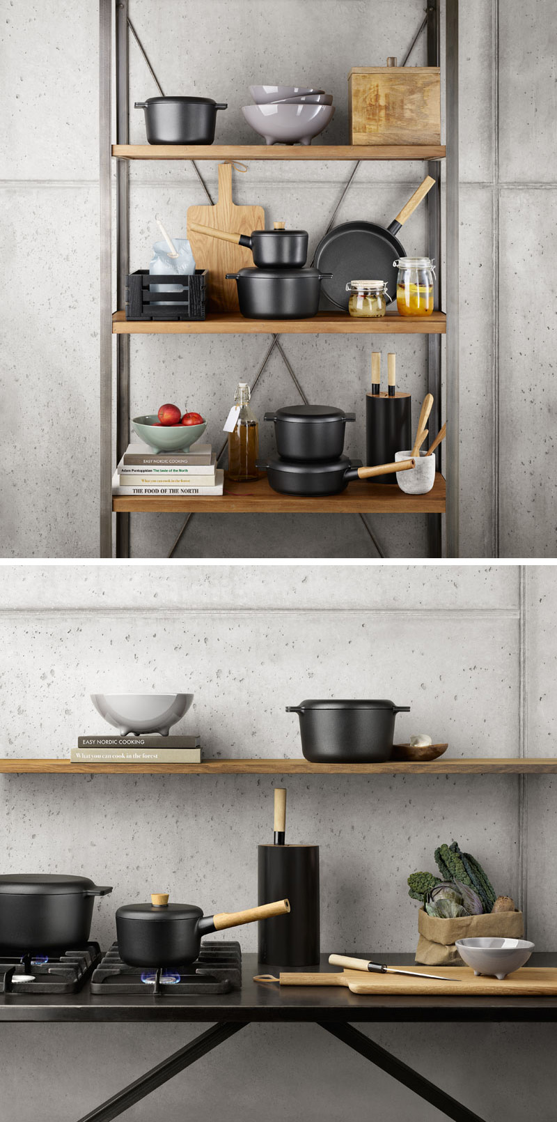 Matte black pots and pans with wood accents on the handles and lids, add a natural touch to this kitchen and contribute to the overall modern look
