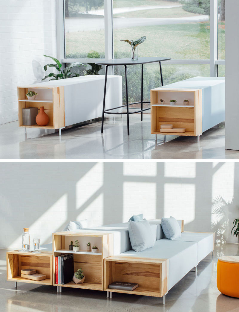 Designer Trevor Hoiland has created The Story Collection, a modern and modular office furniture series that's made with a wood storage cubby at the end of the seats, coffee tables and benches.