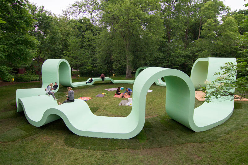Greg Corso and Molly Hunker of design firm SPORTS, have created a fun and whimsical outdoor performance pavilion in the community of Lake Forest, Illinois.