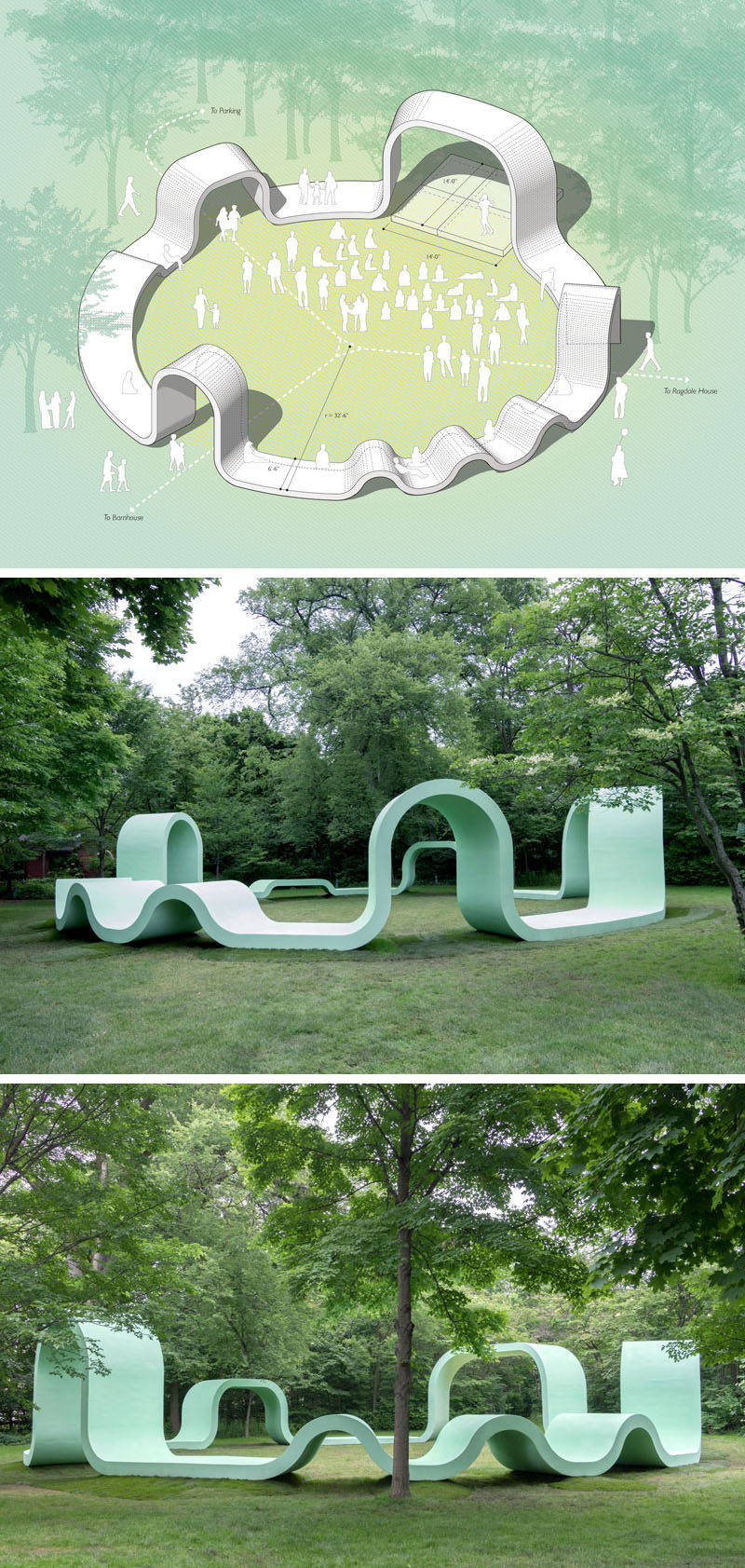 Greg Corso and Molly Hunker of design firm SPORTS, have created a fun and whimsical outdoor performance pavilion in the community of Lake Forest, Illinois.