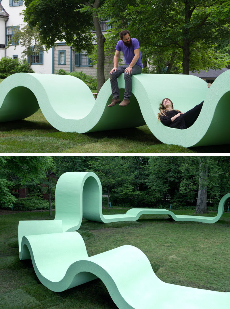 Greg Corso and Molly Hunker of design firm SPORTS, have created a fun and whimsical outdoor performance pavilion in the community of Lake Forest, Illinois.