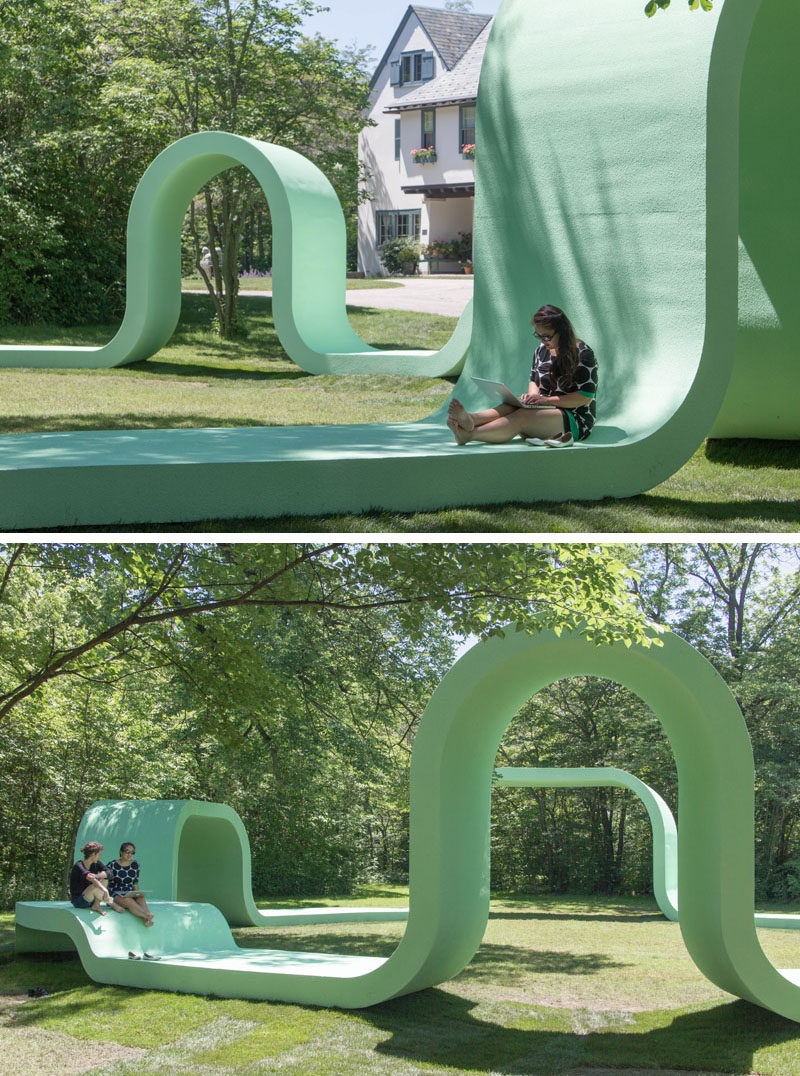 Greg Corso and Molly Hunker of design firm SPORTS, have created a fun and whimsical outdoor performance pavilion in the community of Lake Forest, Illinois.