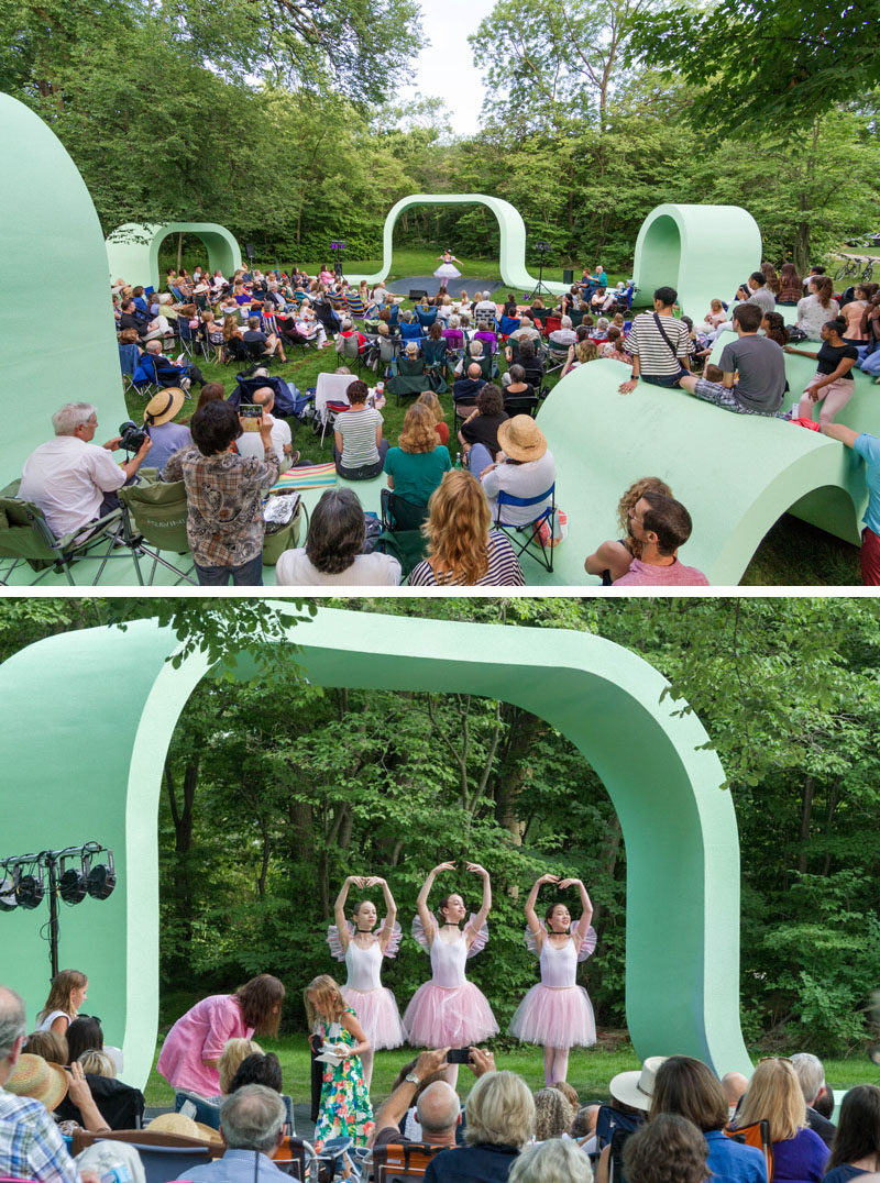 Greg Corso and Molly Hunker of design firm SPORTS, have created a fun and whimsical outdoor performance pavilion in the community of Lake Forest, Illinois.