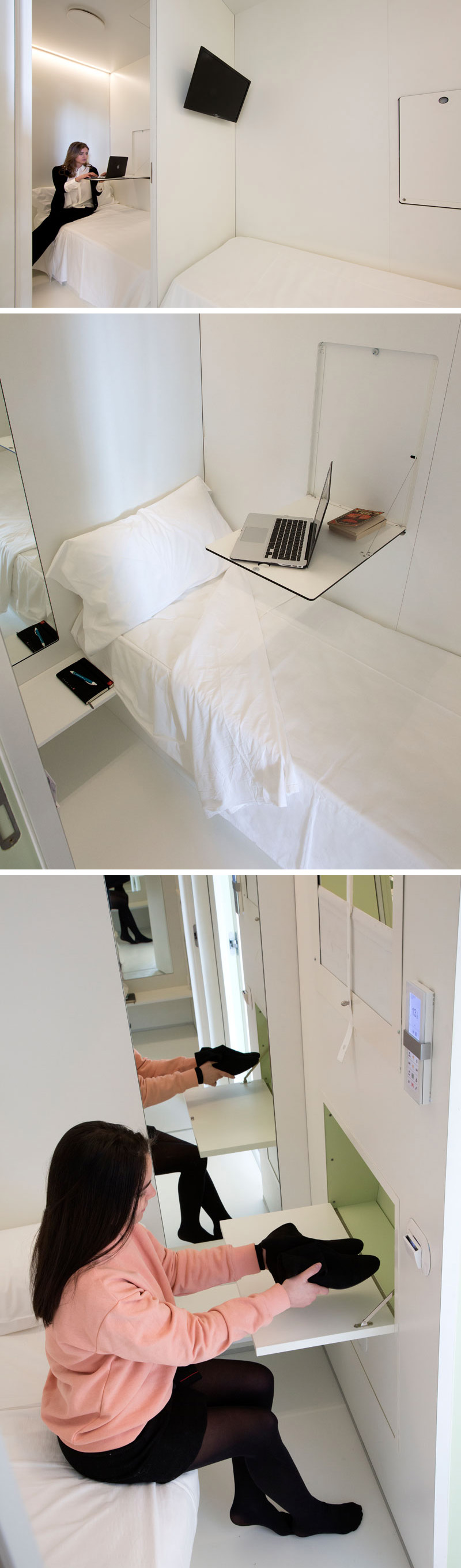 The capsule hotel rooms inside BenBo in Naples, Italy, are just 4 square meters and have soundproof walls, an automatic door, a window with blinds, a drop down table/desk, a television, a mirror, hangers, and a shoe storage compartment.