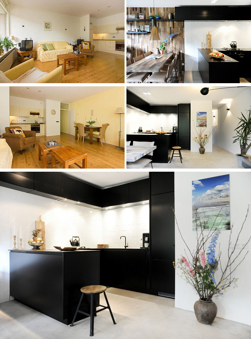 This once boring kitchen and living space was transformed into a modern kitchen and dining area. Black and white define the kitchen, while a wood panel feature wall designates the dining room.