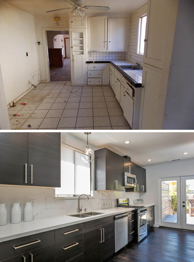 Wood floors, new cabinets, counter tops, and backsplash, with a slightly rearranged layout gave this modern kitchen a much needed upgrade and turned it into a bright, contemporary space.