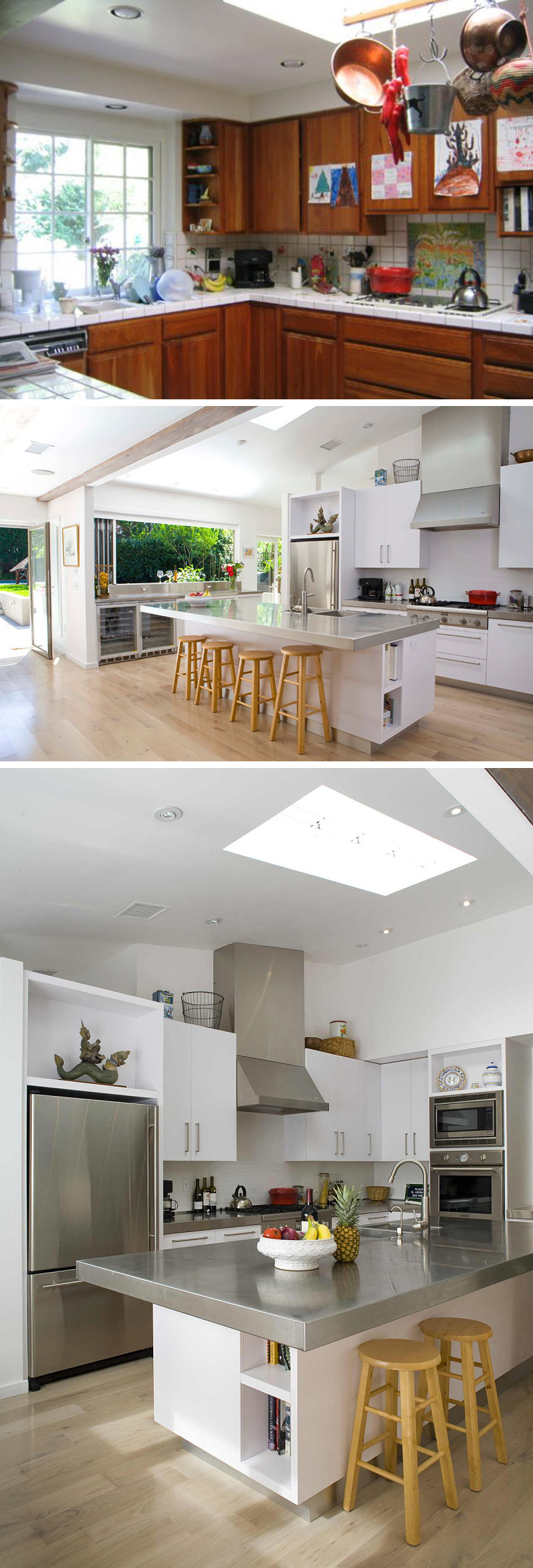  A Stainless steel island and counter tops, white cabinetry, a large window, modern appliances, and a raised ceiling turned this family kitchen into a functional space.