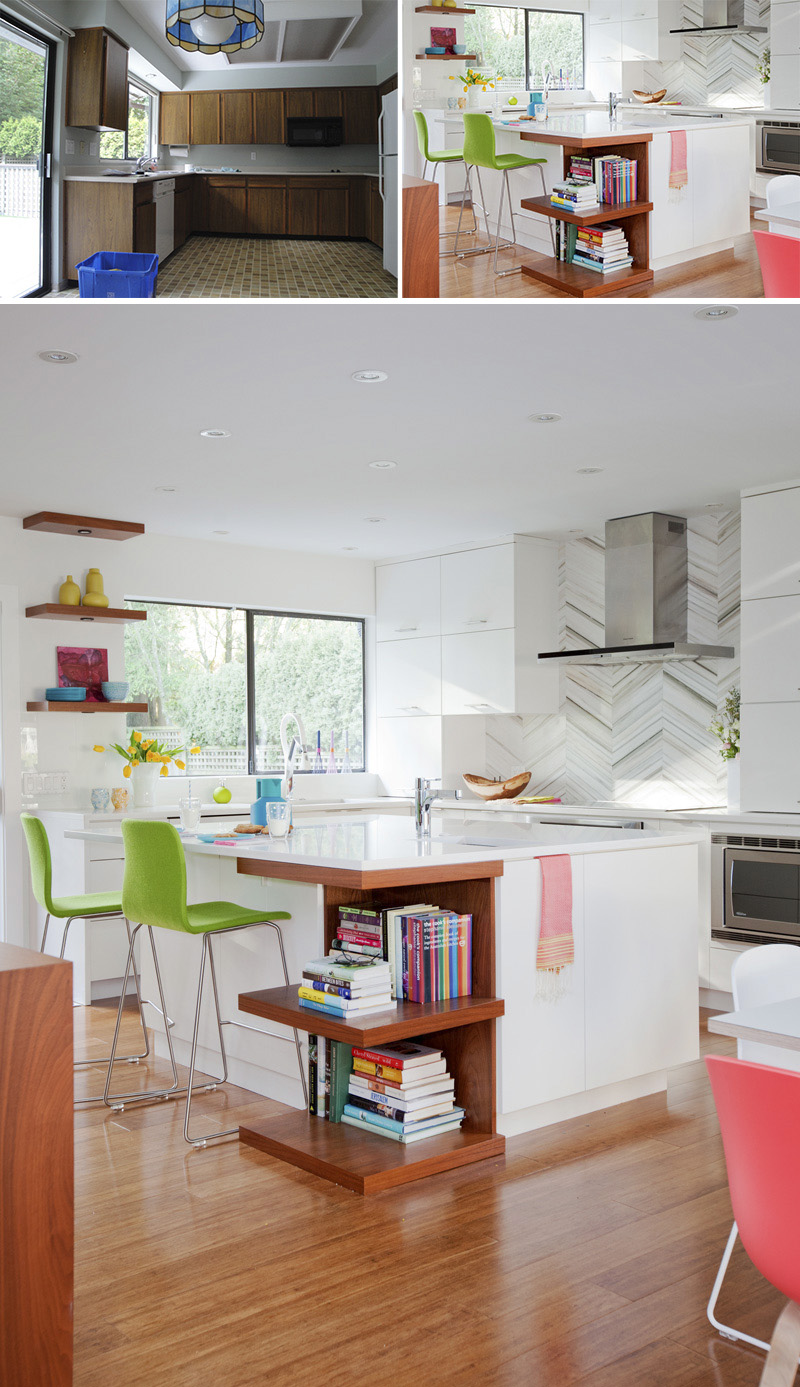 By switching out the dark wood cabinets for white ones and taking down a wall, this kitchen became a modern spot where the family can hang around the kitchen island.