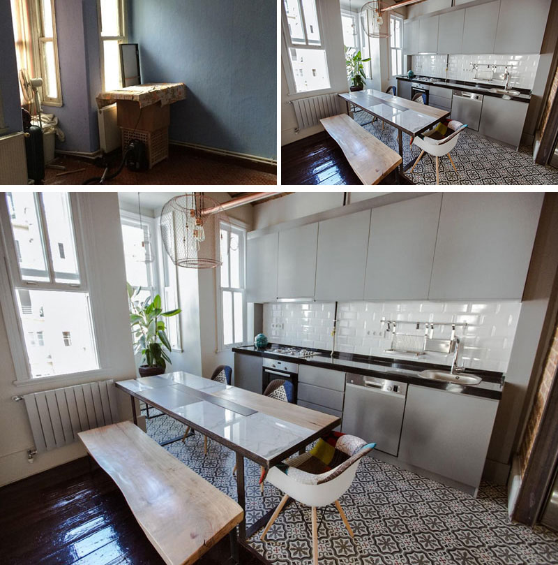 The small, dark, empty corner in this Istanbul apartment was turned into a kitchen and made to feel much more welcoming by adding modern light grey cabinets, a white backsplash, and painting the walls white