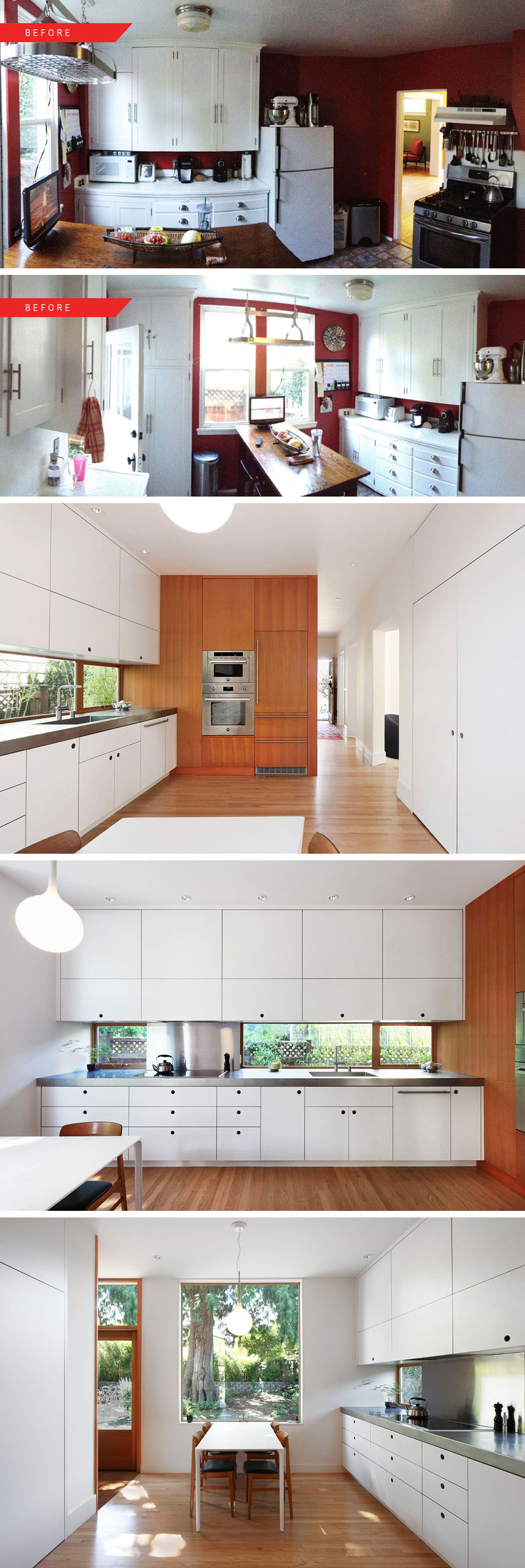 This kitchen was transformed from a dark tight space into a bright open one by adding a letterbox window, changing the layout of this modern kitchen, and adding built in appliances with an integrated fridge into a wood panelled wall