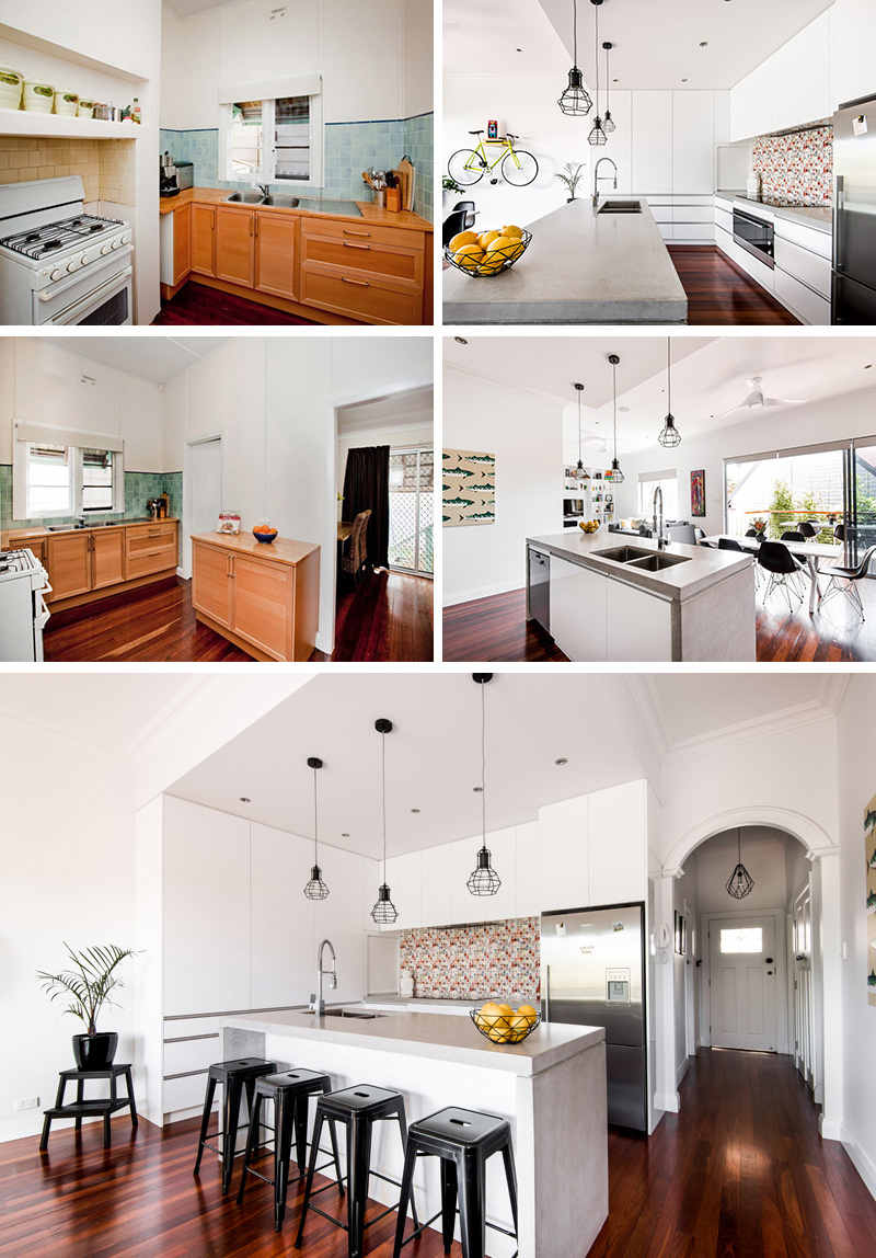 The wood cabinets and blue tile backsplash in the outdated kitchen were traded out for crisp white cabinets, concrete counter tops, industrial pendant lights, and a modern, colorful backsplash.