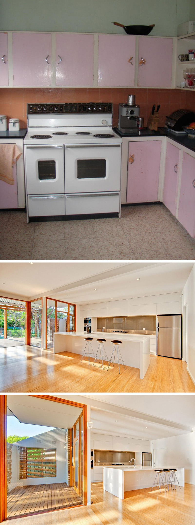 The pink cabinets, outdated stove, and tiled floor were all taken out and replaced with shiny new appliances, bright white cabinets, a long island with bar seating, and a new wood floor to make this kitchen modern.