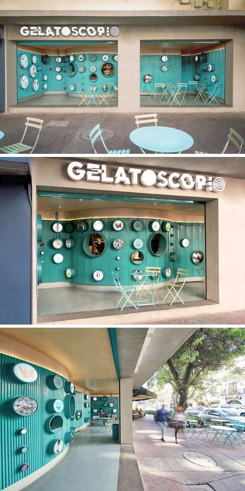 Esrawe + Cadena have designed Gelatoscopio, an fun and brightly colored modern gelato shop in Mexico, that features a curved teal blue interior, and is open to the outdoors.