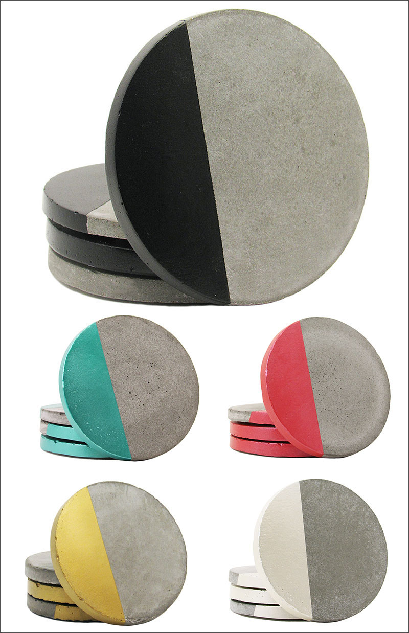  These modern, round coasters feature either a pop of color or a touch of metallic on the surface of the concrete coaster.