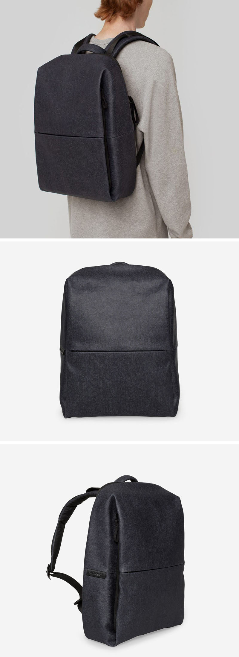 This minimalist blue denim backpack is designed to compress down to the thickness of a laptop when not in use, while also being able to expand to easily fit all your daily essentials.