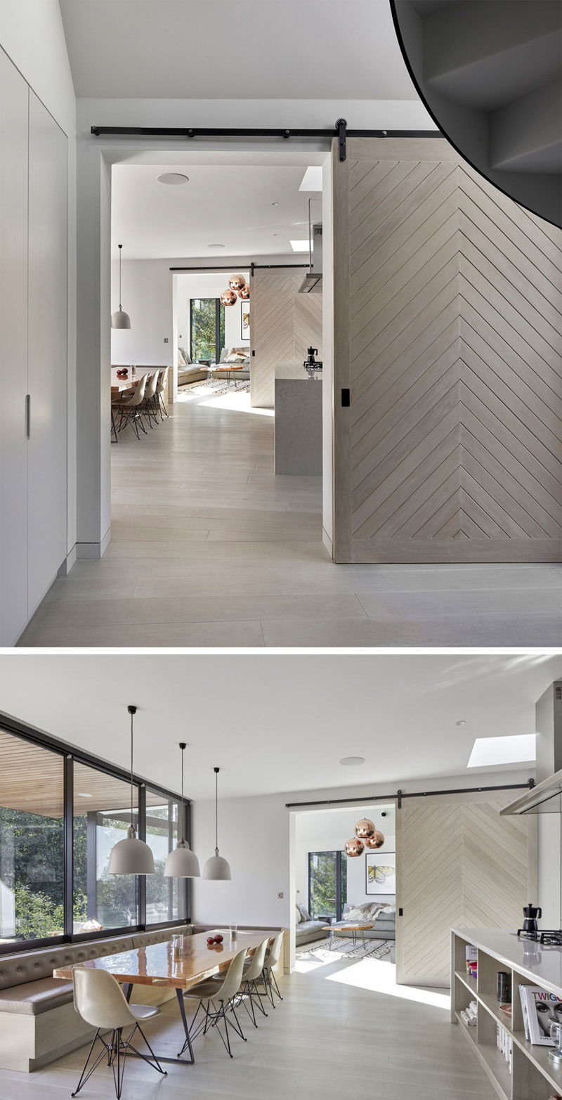 The chevron pattern on these sliding doors give the home a modern look and help divide the space when necessary but also keep the rooms connected.