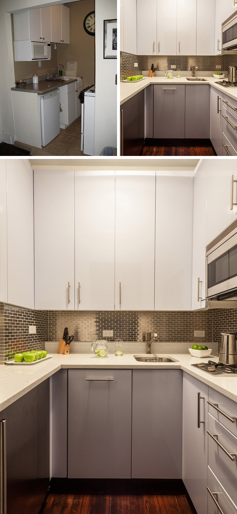 While the size remained the same, a new layout, new cabinetry, a stainless steel backsplash and new appliances gave this small kitchen a big upgrade and a more modern look.
