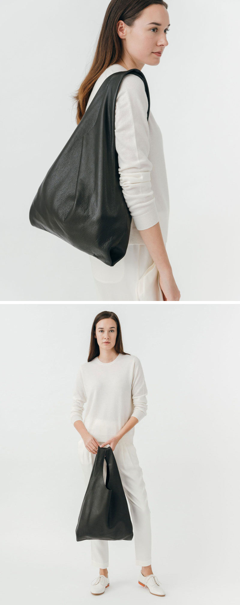 The soft leather of this modern black tote lets it drape over your shoulder effortlessly.