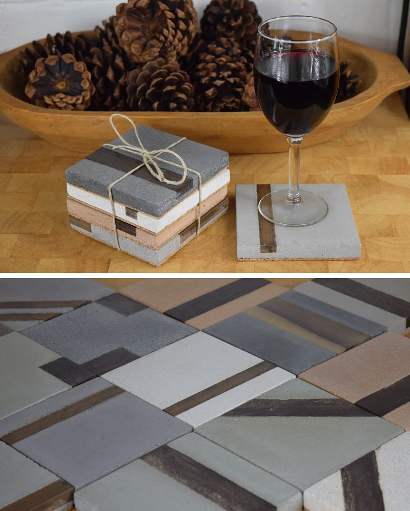 These modern square concrete coasters have strips of hardwood inlayed in them. 