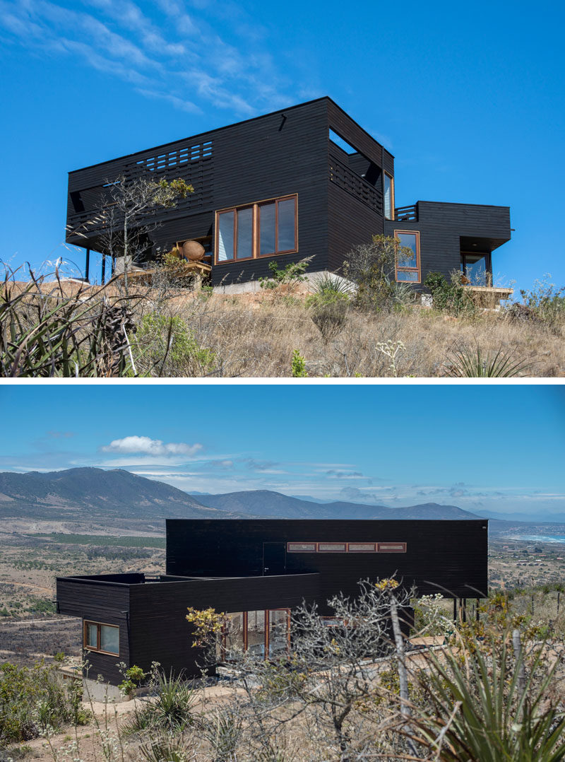 Architect Thomas Löwenstein has designed this modern black house near the beach town of Los Molles in Chile, that sits on a half acre field looking out to the mountains on one side and views of the beach on the other.