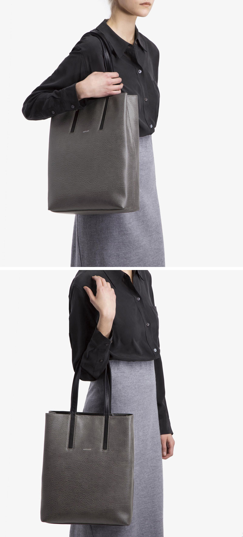 The lining inside this grey and black modern vegan leather tote is made from recycled bottles.