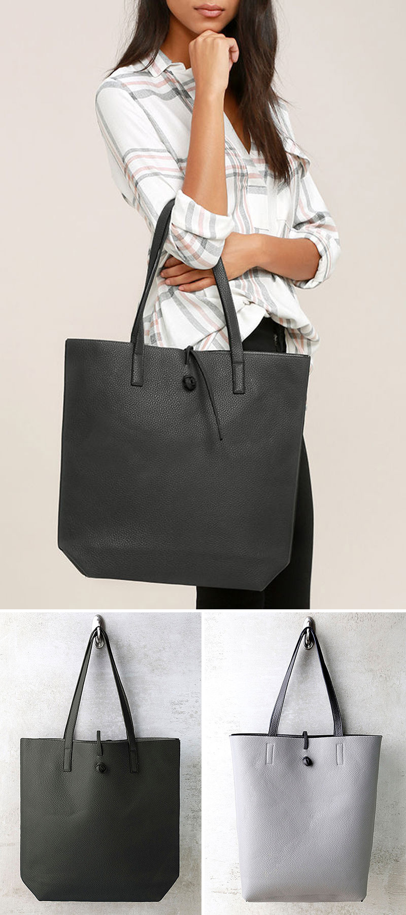 This modern reversible grey vegan leather tote has a tie closure to make sure all the contents of your bag stay inside.