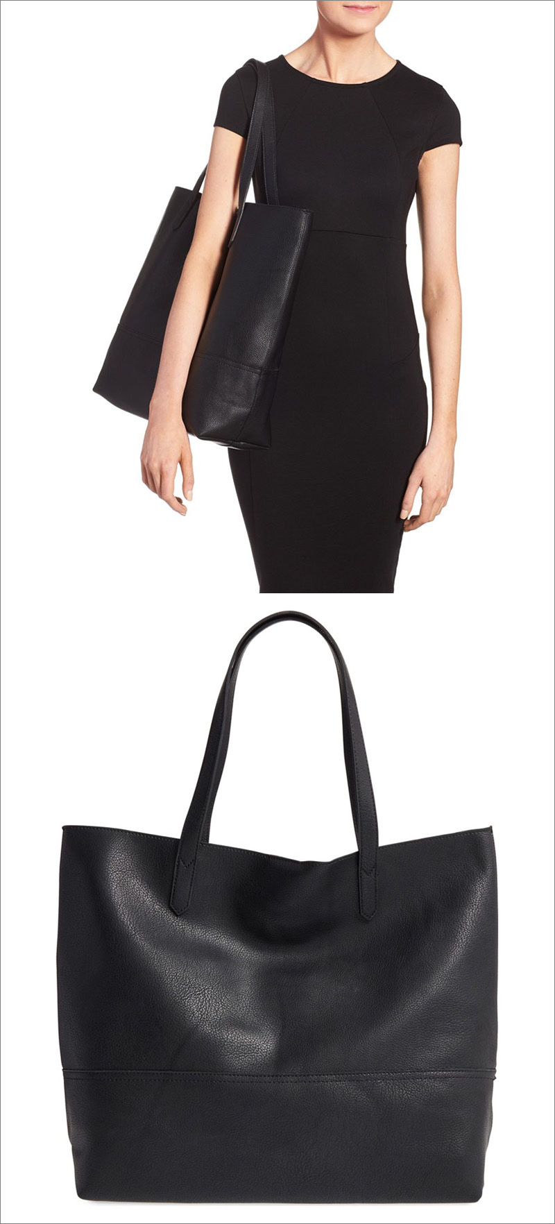 This modern black vegan leather tote is sophisticated and functional, making it perfect for work or a night out