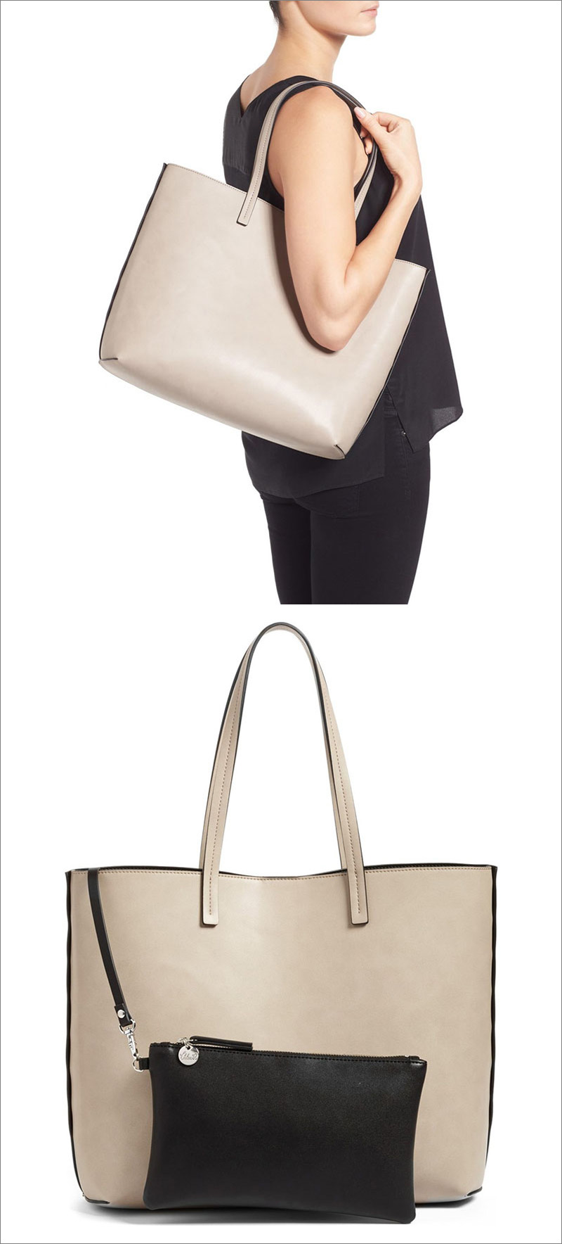 This minimalist light colored faux leather tote comes with a small black modern zip up pouch to tuck inside.