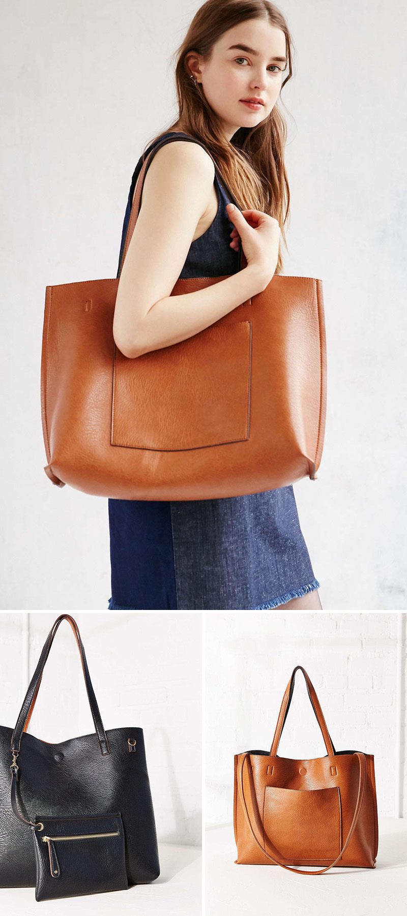  This modern reversible brown/black vegan leather tote has a pocket on both sides to make it extra functional.