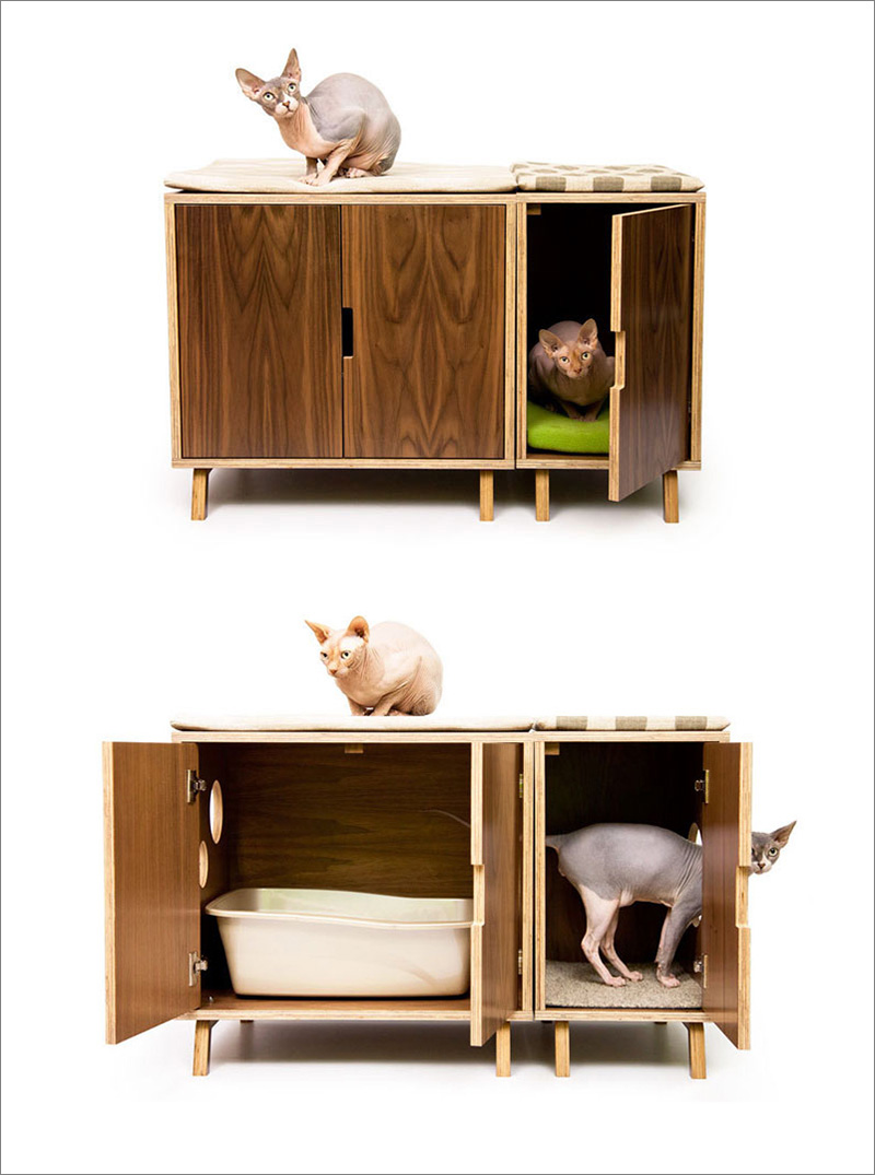 This modern walnut wood litter box has hardware free doors making it easy to clean and change the litter.