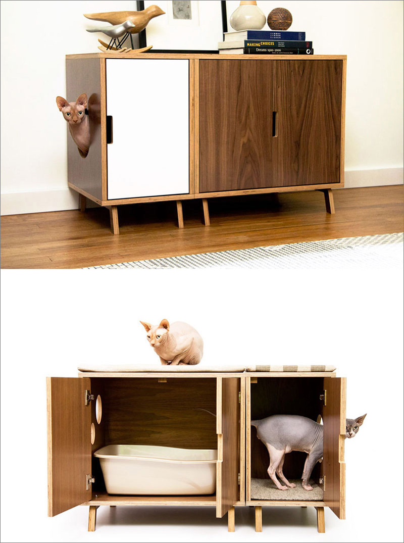 This modern cabinet hides a litter box inside, and is made from a high quality walnut wood with a water proof finish, which can be left natural or painted.