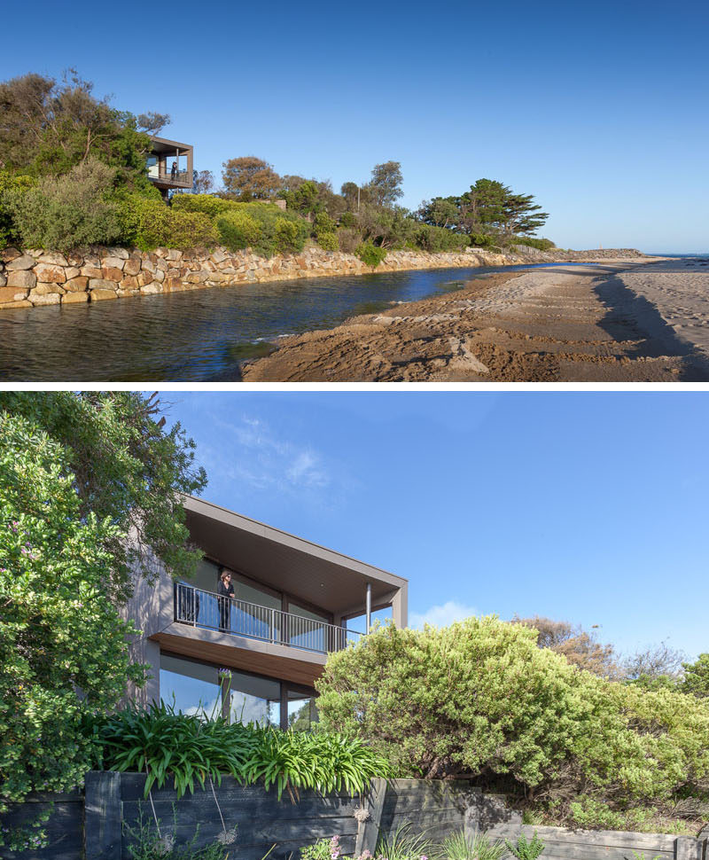 This modern beach house has protected balconies and decks with uninterrupted views of the beach. A simple color scheme allows for the home to blend in with its natural surroundings. 