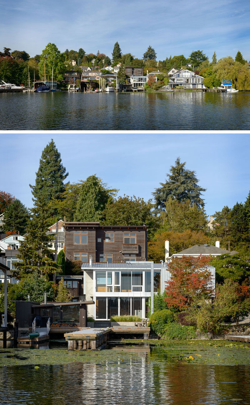 On the water side of this modern house, large windows provide views of the passing boats and allows for plenty of natural light to fill the interior.