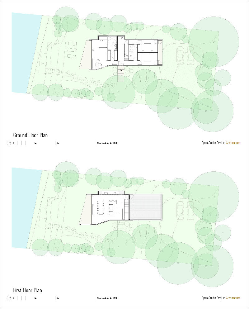 This is the floor plan for a modern beach house with two levels.