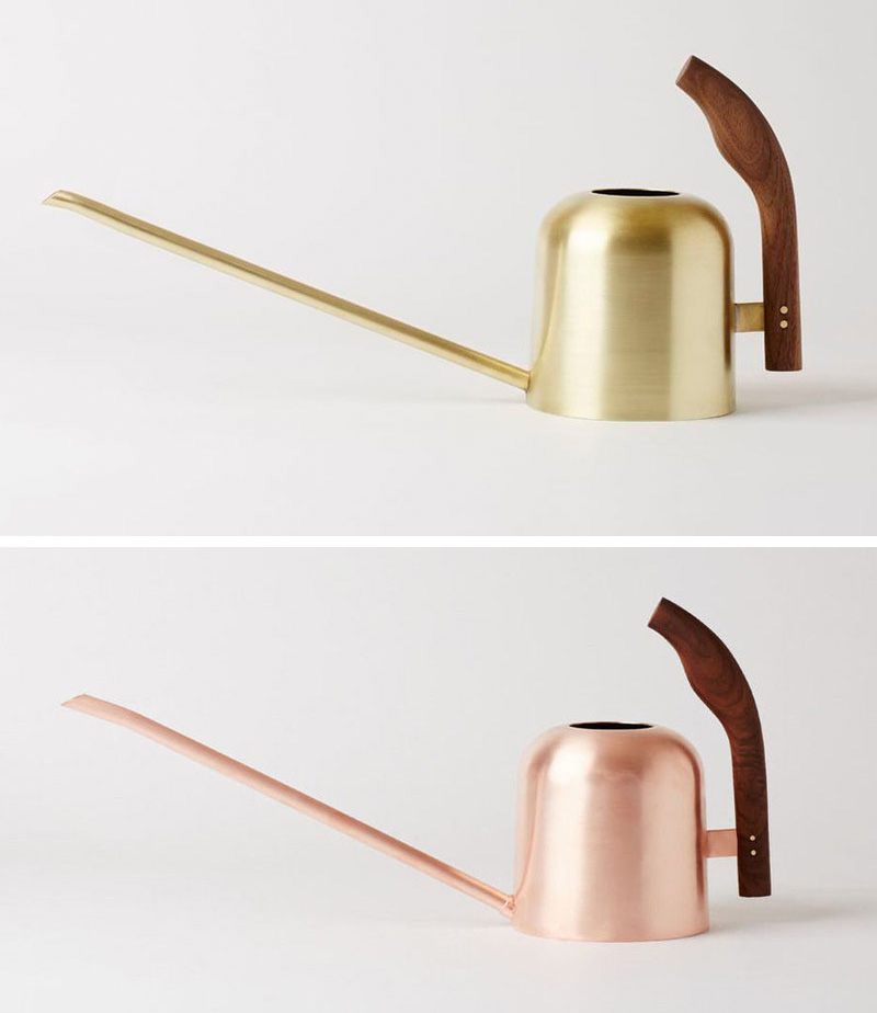 The long spouts on these modern metallic watering cans make them perfect for hard to reach plants, and they spruce up your decor when not in use. #Gardening #WateringCans #ModernWateringCan #Plants